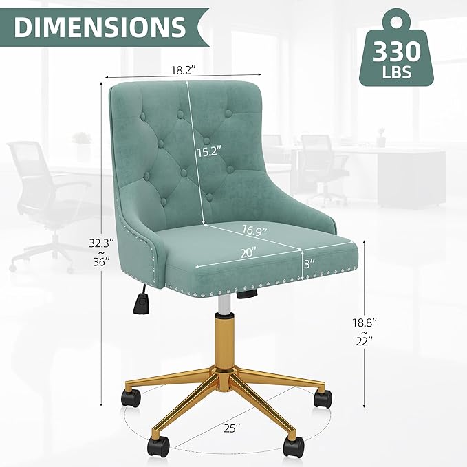 Westice Velvet Desk Chairs, Upholstered Swivel Comfy Makeup Vanity Chair with Tufted Back, Gold Metal Base & Wheels, Height Adjustable Chair for Girls, Bedroom Living Room, Mint Green