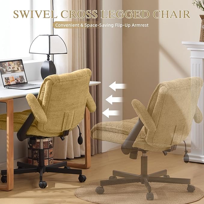 Criss Cross Legged Office Chair with Flip-Up Arms and Wheels, Wide Seat Desk Chair with Built-In Dynamic Airbag Lumbar Support, Modern Cross-Leg Chair for Home Office, Apartment, Vanity, Yellow