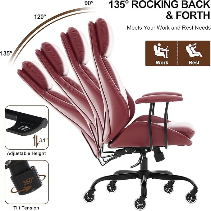 Office Chair, Leather Desk Chair with Rubber Wheels, Ergonomic Computer Chair 500 LBS with Lumbar Support, High Back Executive Chair for Modern Home Office, Red