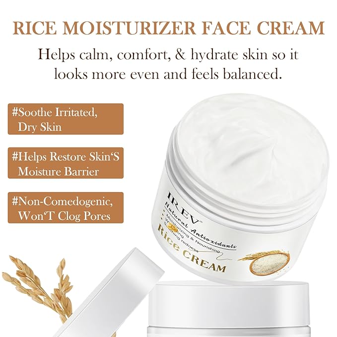 IREV Rice Moisturizing Cream, Hydrating Face Moisturizer For Dry, Combination Skin, Daily Face Cream, Targets Dryness, Strengthens Skin Barrier, Lightweight, Fast Absorbing 1.76oz 50g