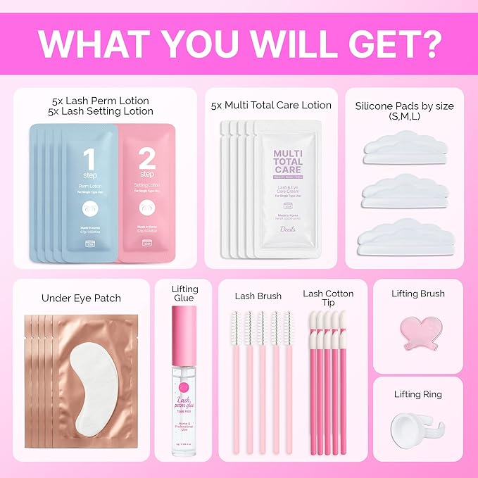 Korean Lash Lift Kit - 5 Sets At Home Eyelash Perm Kit with Upgraded Glue, Eyelash Lift, DIY Lash Perm Easy for Beginner & Professional, Semi Permanent Perming Wave Suitable For Salon & Home