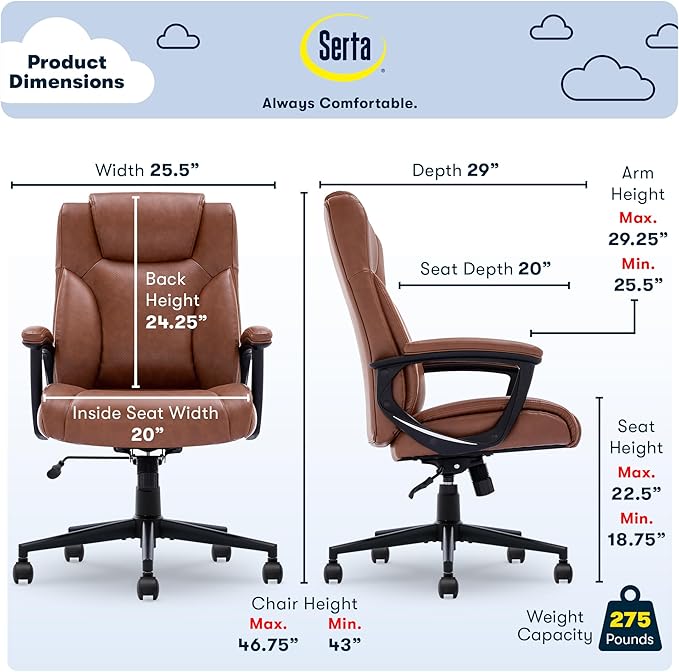 Serta Connor Executive Office Chair, Ergonomic Computer Chair with Layered Body Pillows, Contoured Lumbar, Adjustable Seat Height, Bonded Leather, Cognac