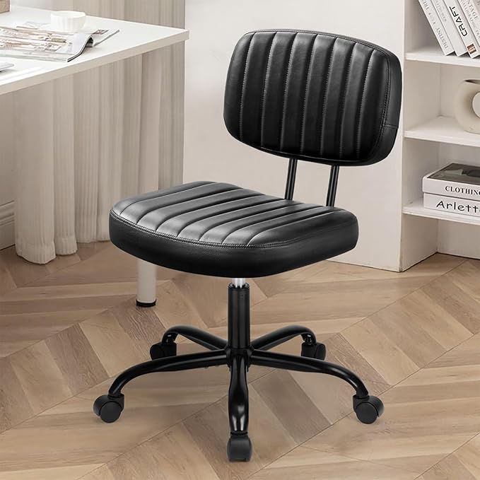DUMOS Small Office Desk Chair - Armless PU Leather with Comfy Lumbar Support, Height Adjustable Rolling Swivel Task for No Arms, for Adult, Student, Bedroom, Home, Vanity, Black