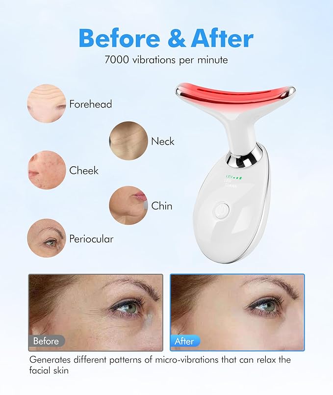Red Light Therapy for Face and Neck, 7 Color Face Massager Tool for Wrinkles, Double Chin, Vibrating Facial Massager with Thermals for Skin Care, Gifts for Women Men, Glossy White
