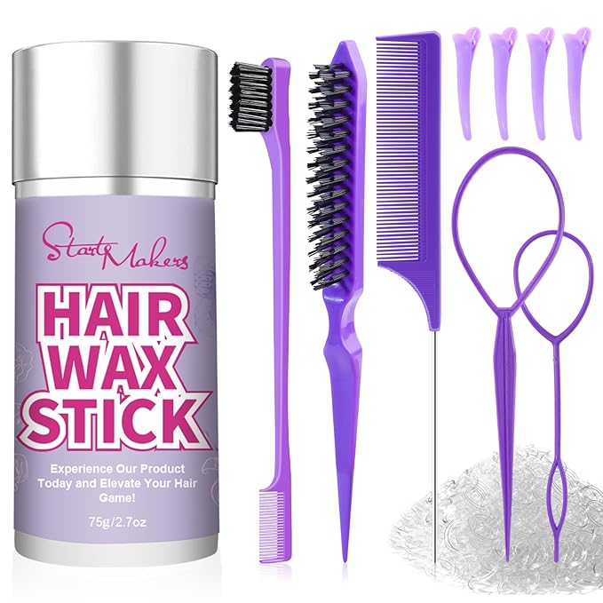 START MAKERS Hair Wax Stick with Slick Back Hair Brush Set, 200Pcs Clear Small Hair Elastics, 2Pcs Hair Tail Loop Styling Tools for Women Teen Girls Kids for Flyaways, Control, Sleek, Ponytail & Buns