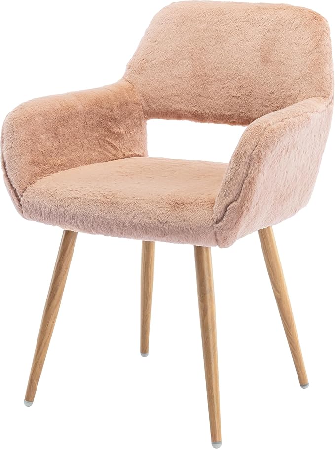 Home Office Faux Fur Desk Chair, Fluffy Makeup Vanity Chair, Comfy Accent Armchair with Wood Grain Metal Legs, Cute Dining Chair with Hollowed Back, Camel
