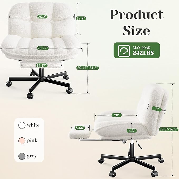 Cross Legged Office Chair with Foot Rest, 6.3" Thick Cushioned Criss Cross Chair with Wheels, Height Adjustable Swivel Vanity Chair for All-Day Comfort (White)