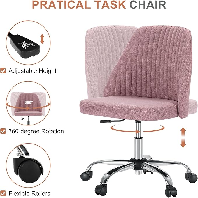 DUMOS Office Chair, Comfy Desk Chair Rolling Vanity Swivel Task Chairs with Wheels, Wide Seating Armless Height Adjustable Computer Chairs for Home,Bedroom,Student,Adults, Blush