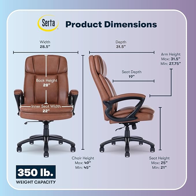 Serta Fairbanks Big & Tall Executive Office Chair, Ergonomic High-Back with Lumbar Support, Semi-Plush Seat Cushion and Body Pillows, Padded Armrests, Nylon Swivel Base, Bonded Leather, Cognac Brown