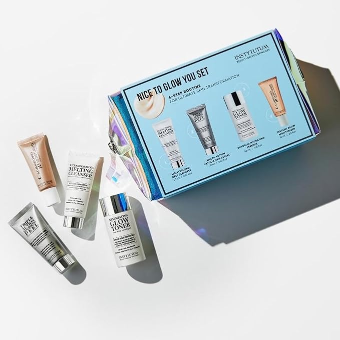 Instytutum GlowStart Travel-Size 4-Step Daily Skincare Set, Cleanser, Toner, Resurfacing Gel, Hydrating Cream, TSA-Friendly Radiance Routine Kit