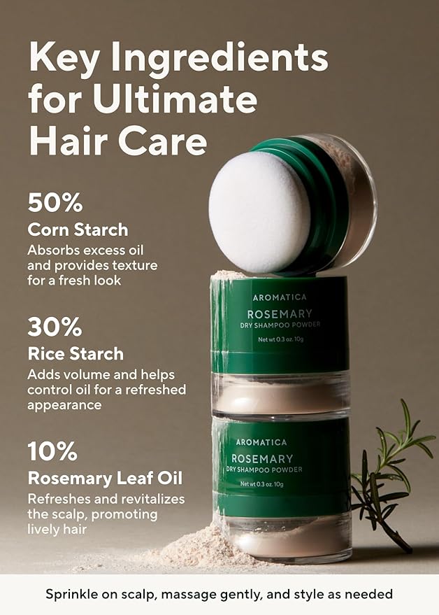 AROMATICA Rosemary Dry Shampoo Powder, Travel Size (10g/0.3oz) - Root Lifting & Volumizing Hair Powder with Panthenol + Biotin, Oil-Absorbing, Non-Aerosol, Talc-Free, Korean Hair Care, for Women