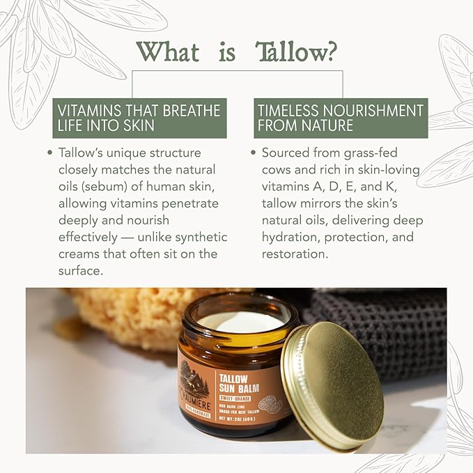 Sweet Orange Tallow Sunscreen SPF 50 – Grass-Fed Beef Tallow Balm with Carrot Seed Oil & Non-Nano Zinc – Organic Face & Body Moisturizer, Reef Safe, Naturally Scented – 2.5oz x2, Made in USA