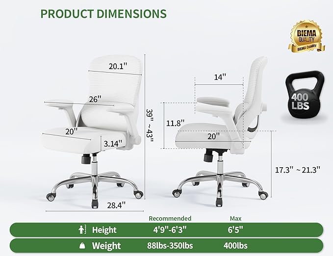 White Office Chair for Big and Tall People - 400lbs Wide Seat Computer Desk Chair Gaming Ergonomic High Back Cushion Lumbar Support with Comfy Mesh Swivel Rolling Home, Task Chair