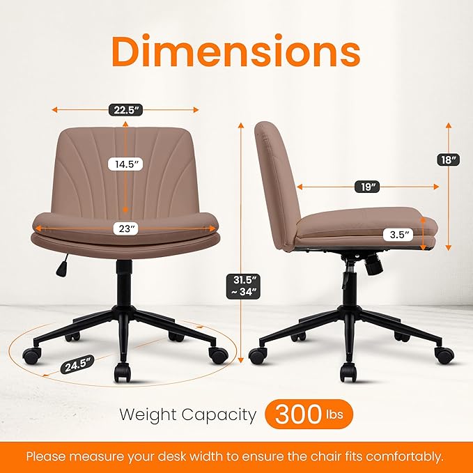 NEO Chair Criss Cross Chair with Wheels Armless Cross Legged Office Desk Wide Comfy Vanity Makeup Chair Adjustable Swivel Rolling Computer for Home Office PU Leather (Brown)