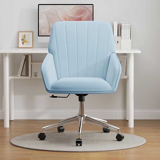 YISHENG Velvet Office Desk Chair with Silver Base, with Wheels,Modern Height Adjustable 360 Degree Swivel Upholstered Vanity Chairs with Arms for Living Room Bedroom,Light Blue