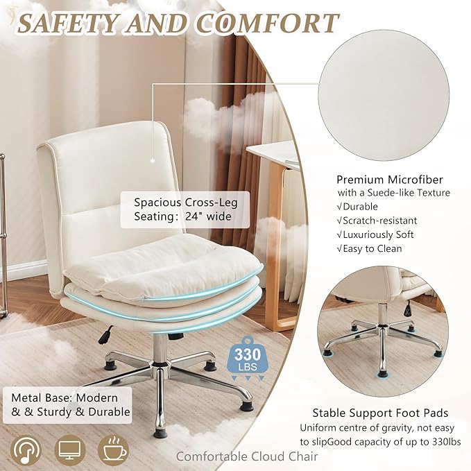 VINGLI Cloud Criss Cross Legged Chair,18" High Back Armless Home Office Desk Chair no Wheel,Wide Adjustable Comfy Padded Seat Task Computer Chair,Modern Swivel Makeup Vanity Chair,Microfiber,Beige