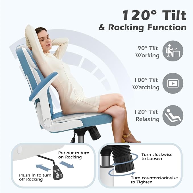 SEATZONE Blue Office Chair Leather Ergonomic Executive Computer Desk Chairs Small Cute Rolling Task Chairs for Teens&Adults
