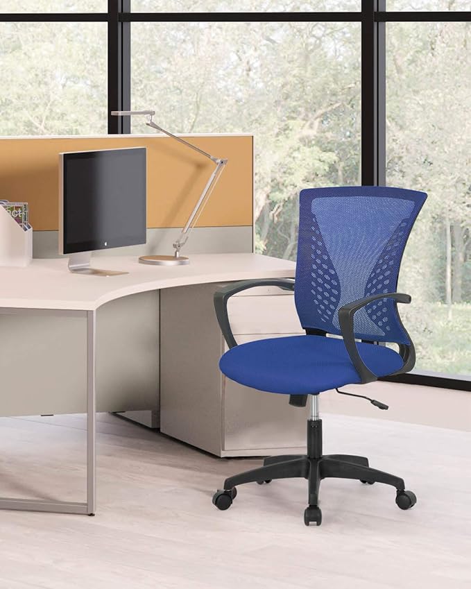 Home Office Chair Mid Back PC Swivel Lumbar Support Adjustable Desk Task Computer Ergonomic Comfortable Mesh Chair with Armrest (Blue)