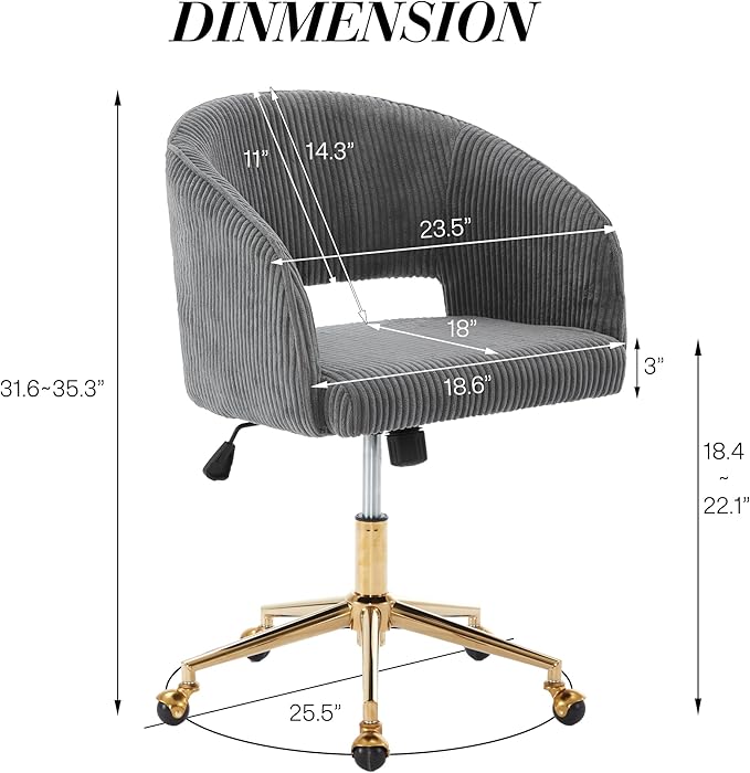 Home Office Chair Swivel Corduroy Fabric Desk Chair Accent Armchair Upholstered Modern Tufted Chairs with Gold Base for Girls Women Ergonomic Study Seat Computer Task Stools for Living Room(Gray)