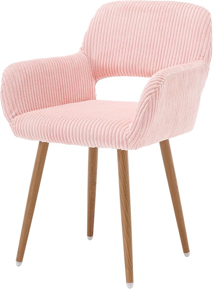 HENJIANYI Home Office Corduroy Desk Chair, Makeup Vanity Chair, Comfy Accent Armchair with Wood Grain Metal Legs, Cute Dining with Hollowed Back, Pink