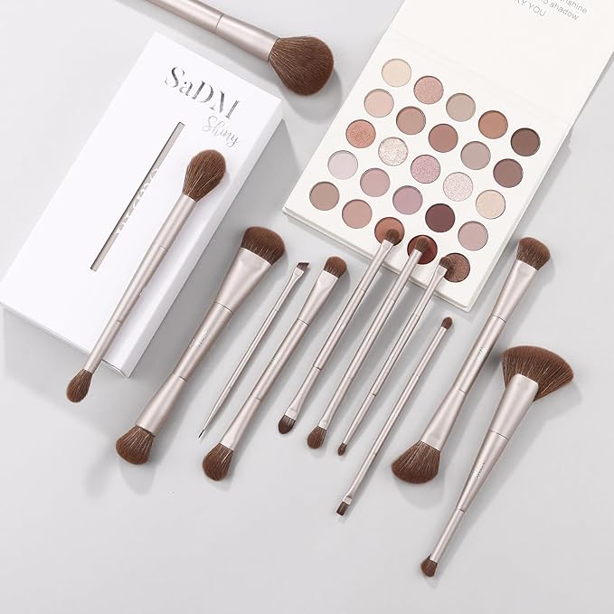 Double Ended Makeup Brush Set (11 Pieces) - Includes Foundation, Powder, Concealer, Highlighter, Contour, Eye Shadow & Blush Brushes - Face & Eye Make Up Brush with Synthetic Bristles
