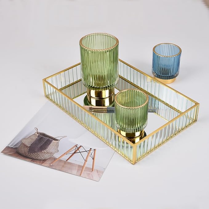 Green Makeup Brush Holder, Glass Toothbrush Holders for Bathrooms, Gold Pen Holder for Desk, Vintage Make Up Brush Holder Vanity Organizer for Brushes, Lipstick, Eyebrow Pencil