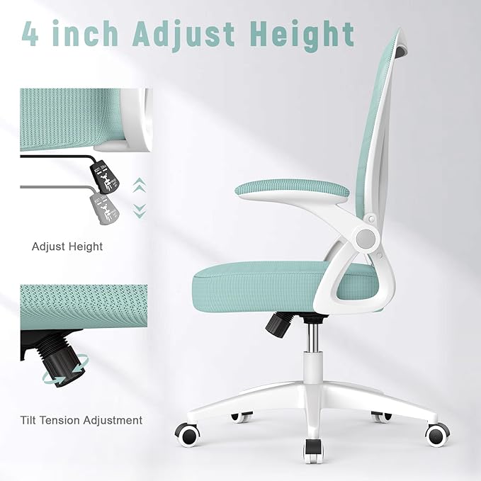 naspaluro Ergonomic Office Chair, Computer Chair with Adjustable Height, Flip-Up Arms and Lumbar Support, Breathable Mesh Desk Chair for Home Study Working (Without Headrest, Green)