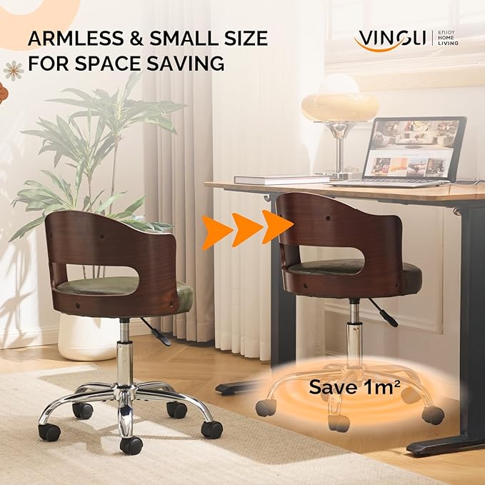 VINGLI Armless Home Office Desk Chair, Adjustable Swivel Chair,Dual-Use with/no Wheels,Small Retro Designed Walnut Curved Task Chair,Cushioned Nail Tech Chair for Study Area,Workspace,PU,Olive Green