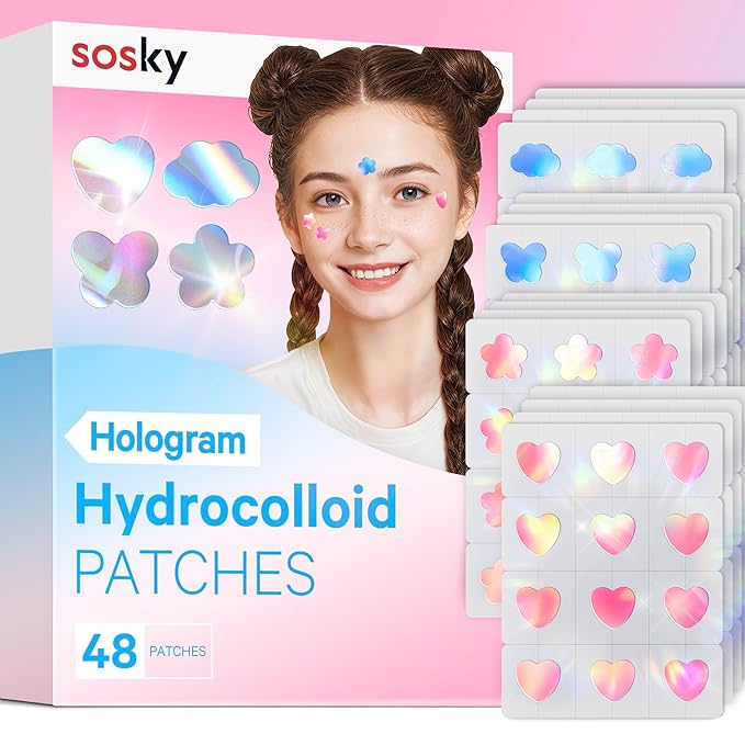 Sosky Hologram Pimple Patches for Face, Hydrocolloid Acne Patches with Salicylic Acid, Cute Star Zit Stickers,Colorful Blemish Covers,48 Count Blue Pink Heart Cloud Butterfly Flower