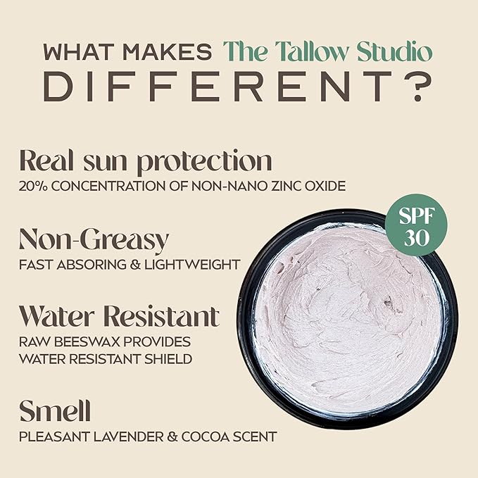 Mineral Sunscreen for Sensitive Skin | Organic Lavender Scent – SPF 30 | Chemical-Free Sun Protection with Grass-Fed Tallow + Non-Nano Zinc Oxide | Non-Greasy, Natural SPF Balm for Face & Body (2oz)