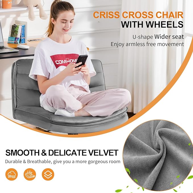 COMHOMA Cross Legged Office Chair with Wheels Armless-Office Desk Chair, Modern Vanity Computer Task Chairs for Home Bedroom, Comfortable Wide Seat for Lower Back Pain Relief, Soft Velvet, Gray