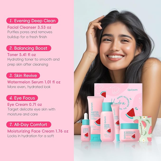 Watermelon Niacinamide Skin Care Set, Routine Beauty Skin Care for Teens- Gift Set with Cleanser, Toner, Eye Cream, Cream, Serum, Facial Juicy Glow Up Set for Women, Girls, for All Skin Types