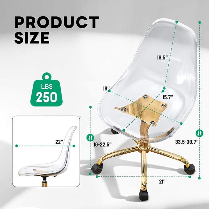 Lessmore Clear Acrylic Desk Chair, Modern Small Acrylic Home Office Chairs with Wheels, Armless Swivel Vanity Rolling Chair for Office, Home (Gold)
