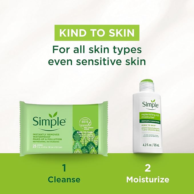 Simple Kind To Skin Cleansing Makeup Remover Wipes - Vegan Facial Cleanser Wipes with Vitamin B5 and E - Removes Waterproof Makeup - 6 pc