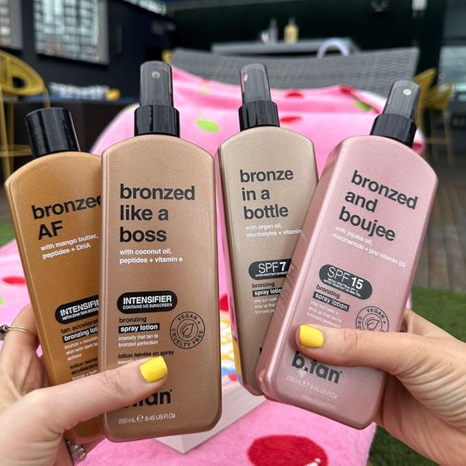 b.tan Sun Tanning Lotion Spray | Bronzed Like a Boss - Brown Outdoor Bronzing Accelerator, Best Tan Intensifier, No SPF, Packed with Coconut Oil, Peptides, & Vitamin E, Austrailian Brand, 8.45 Fl Oz