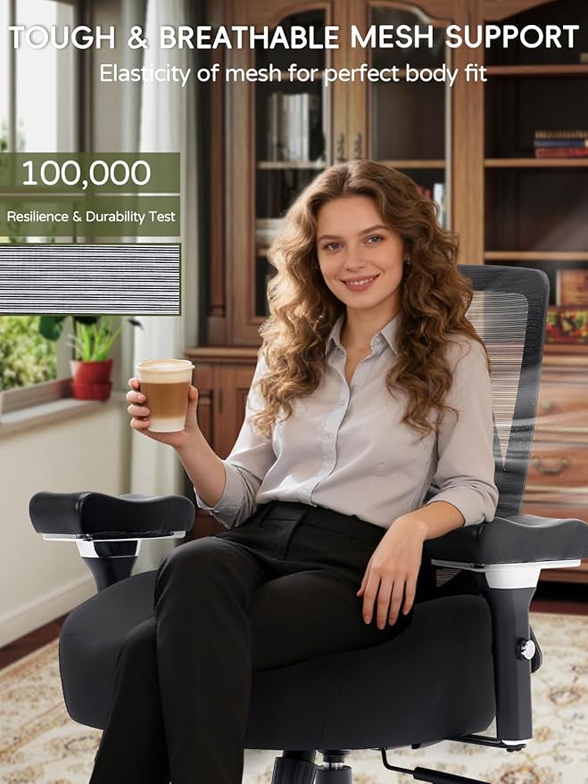 Big and Tall Office Chair 550lbs, Ergonomic Desk Chair with W-Shaped Thick Seat Cushion&4D Armrest, Executive Mesh Desk Chair with Adjustable Lumbar Support, Swivel Task Chairs for Home Office Gaming