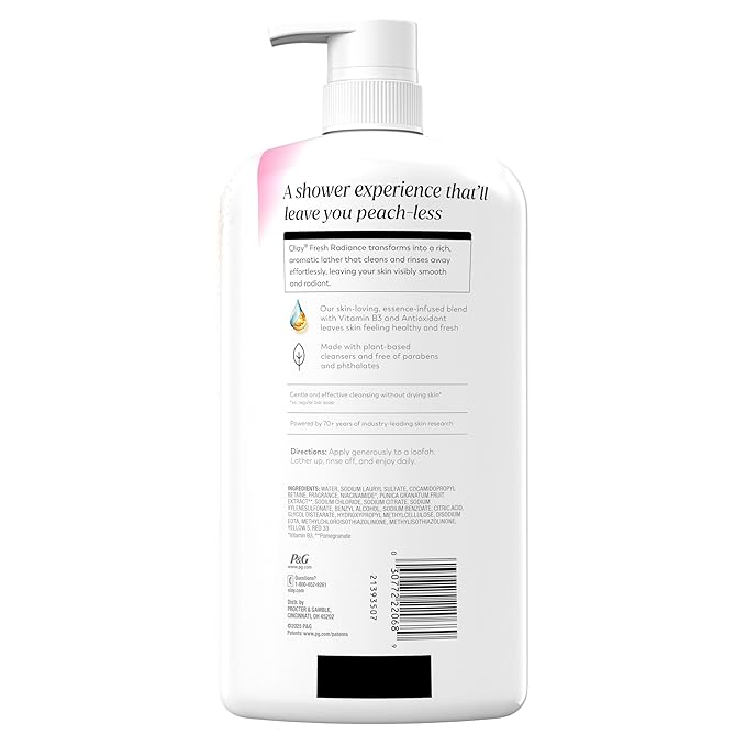 Olay Body Wash for Women, Fresh Radiance, 24/7 Skin-Loving Freshness, Visibly Radiant, Plant Based Cleansers, Vitamin B3 & Antioxidant Blend, For All Skin Types, Peach & Cherry Blossom Scent, 29 fl oz