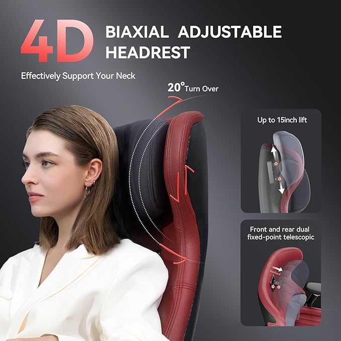 EMIAH GT100 Electric Ergonomic Office Chair with Foot Rest, Sustainable Leather Reclining High Back Desk Chair with Adjustable Headrest, 8D Coordinated Armrests Computer Chair with Lumbar Support（Red）