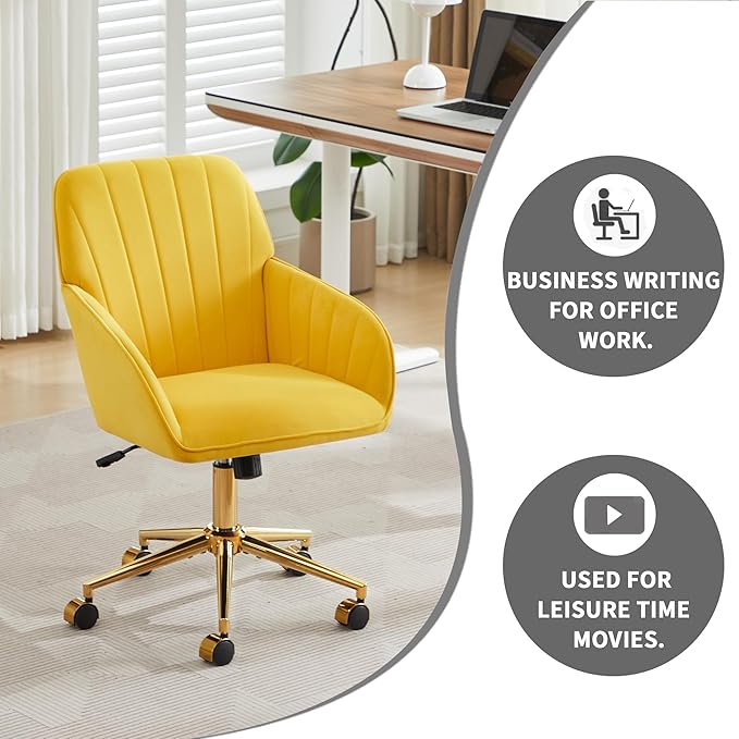 YITAI Velvet Office Desk Chair with Wheels and Gold Base,Modern Height Adjustable 360 Degree Swivel Upholstered Vanity Chairs with Arms for Living Room Bedroom, Study,Yellow