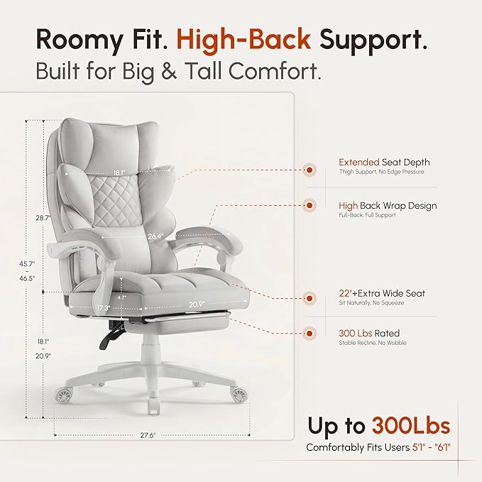 Dowinx Big and Tall Office Chair with Pocket Spring Cushion,High Back Computer Gaming Chairs with Linkage Armrests,Executive Desk Chairs with Footrest,Cloth-White