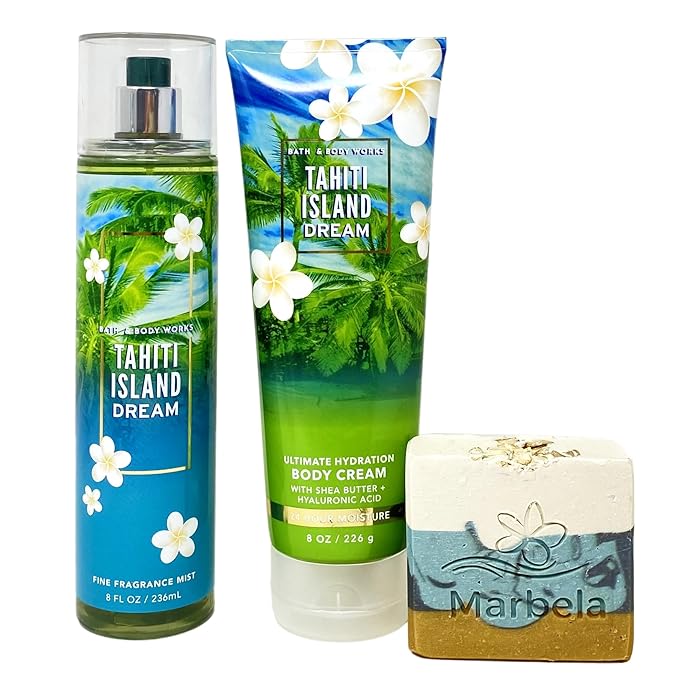 Bath & Body Works Tahiti Island Dream Fragrance Mist and Body Cream Gift Set with a Sea Breeze Bar Soap