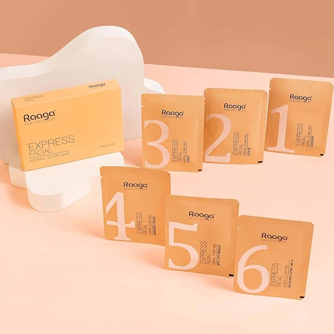 Raaga Professional Express Single Use Facial Kit | For Dry, Dull Skin | 6-Step Skincare Set At Home | Cleanser, Scrub, Toner, Massage Gel, Face Mask & Sunscreen | 35g/1.23 Oz