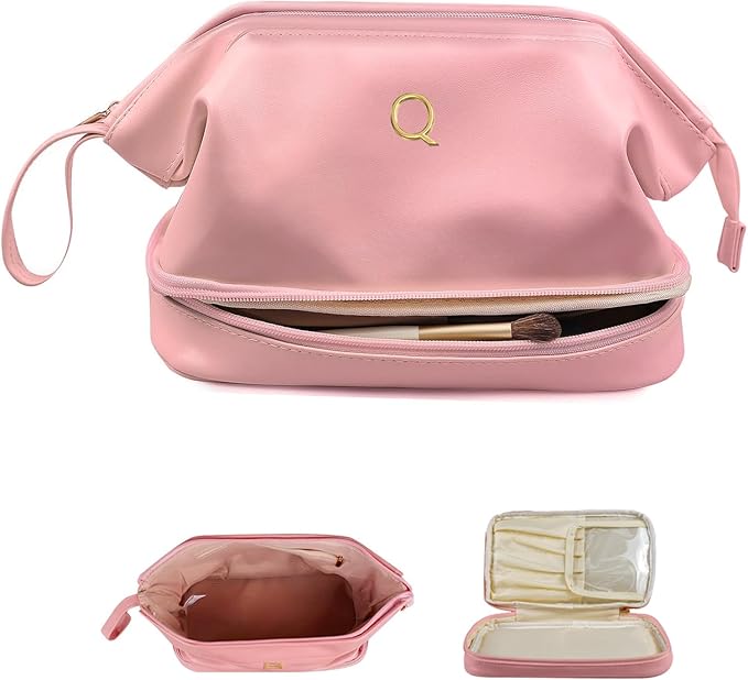 Bridesmaid Gift, Initial Makeup Bags, Personalized Double Layer Cosmetic Bag with Makeup Brush Organizer, Waterproof, Large Capacity PU Leather Travel Toiletry Bag
