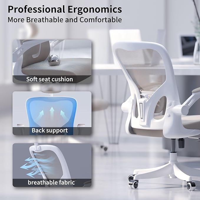 Monhey Ergonomic Office Chair, 90°-125° Tilt Back Home Desk Chair with 360° Swivel & Mute Wheels, High Back Mesh Computer Chair for Adults with Lumbar Support, 330 LBS Capacity(01Khaki)