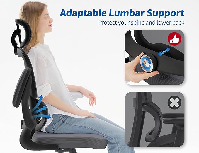TRALT Ergonomic Office Chair - Desk Chair with Adjustable Headrest Lumbar Support Computer Chair - Mesh Comfy Chair with Flip-up Armrests - Gaming Chairs for Adults Home Office (Leather, Dark Grey)