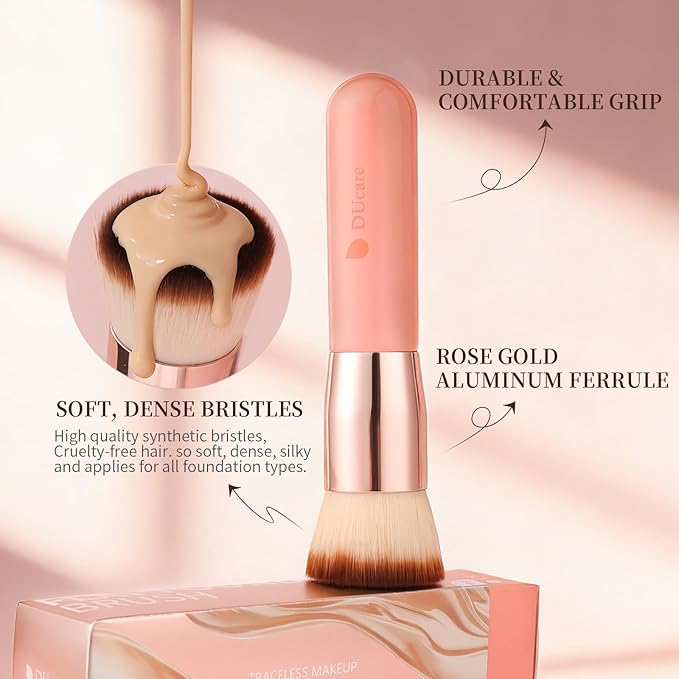 DUcare Foundation Brush for Liquid Makeup,Flat Top Kabuki Foundation Brushes - Premium Makeup Brush for Liquid, Cream, Powder,Buffing, Blending,Pink