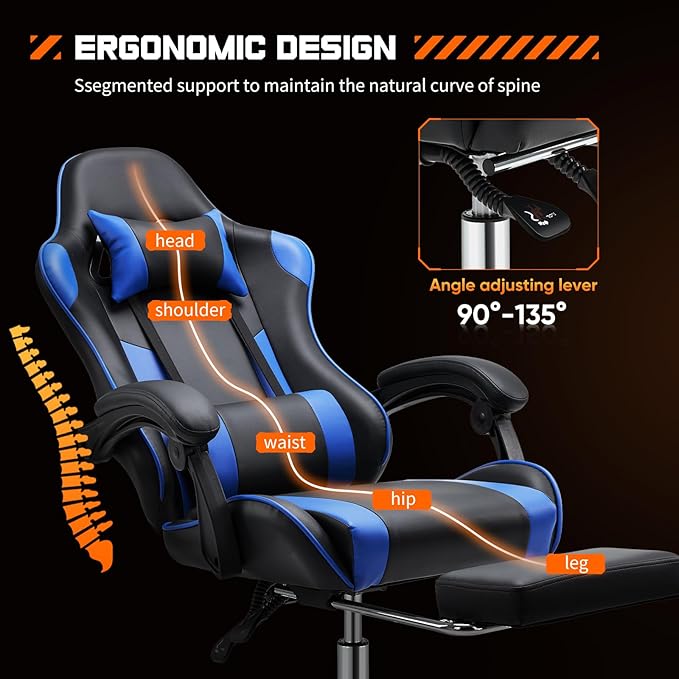 NEWBULIG Computer Gaming Desk Chair - High Back Ergonomic Lumbar Support with Footrest and Headrest, Comfy PU Leather Recliner with Linkage Armrest, Height Adjustable and 360° Swivel, Blue