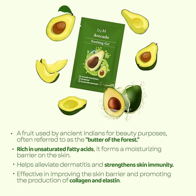 by.H Avocado Soothing Gel (30 PCS) - Moisturizer for Skin Elasticity & Vitality with Avocado Extract - Non-Sticky, Hydrating Formula for Collagen Production & Nourishment - Ideal for Daily Use