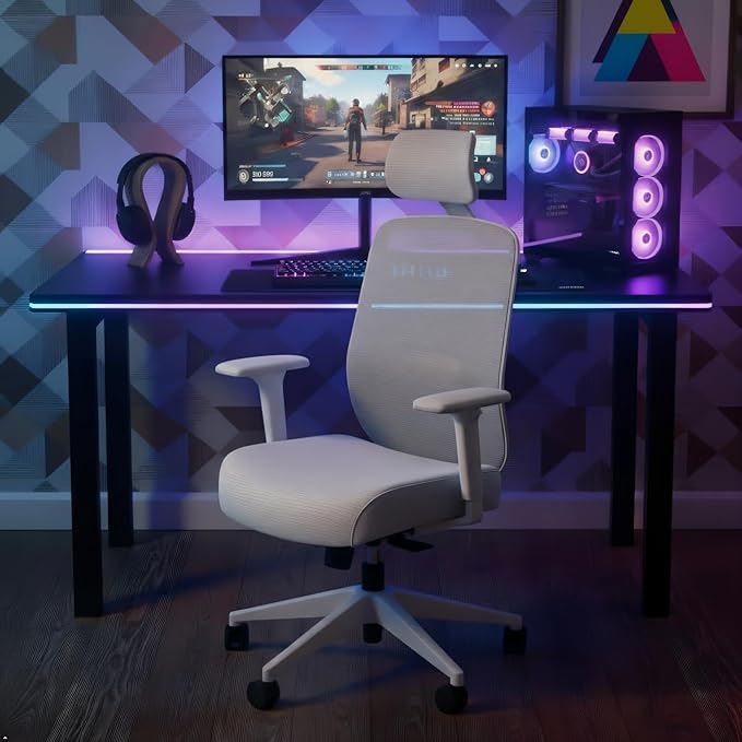 HON Altern Ergonomic Office Chair with Headrest, Arms, Foam Cushion Seat, Mid Back Home Office Desk Chair Comfy, Gaming Chair, Height Adjustable Arms, Synchro-Tilt, Seat-Slide, White Frame, Frost