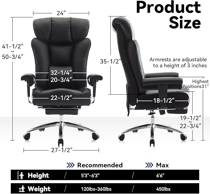 Efomao Big and Tall Office Chair 450lbs, 5.9" Thick Pocket Spring Executive Office Chair with Footrest, High Back PU Leather Desk Chair, Wide Seat Computer Chair, Black